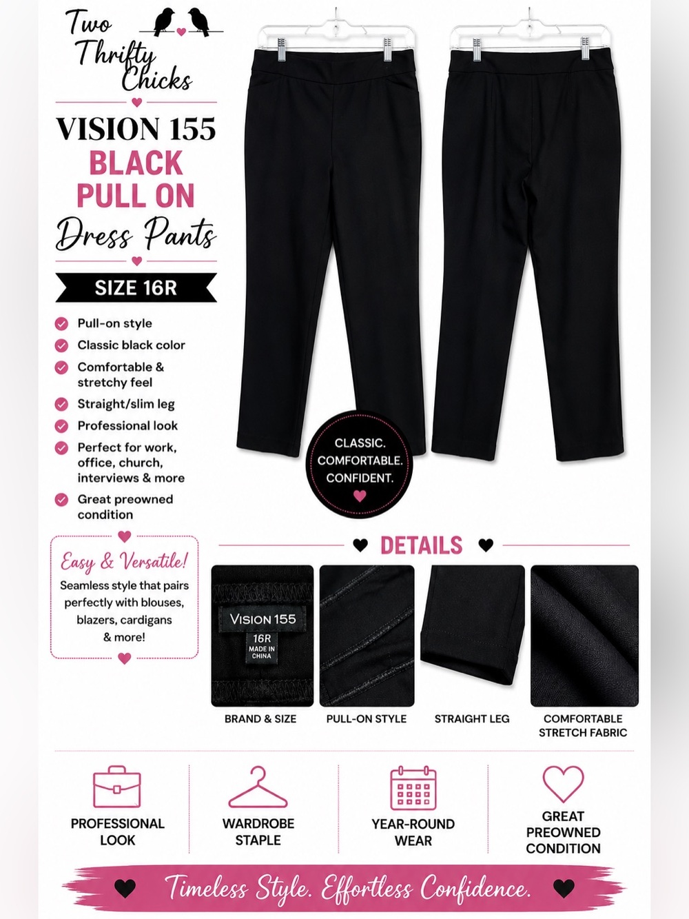 VISION 155 Black Pull-On Dress Pants | Size 16R | GUC